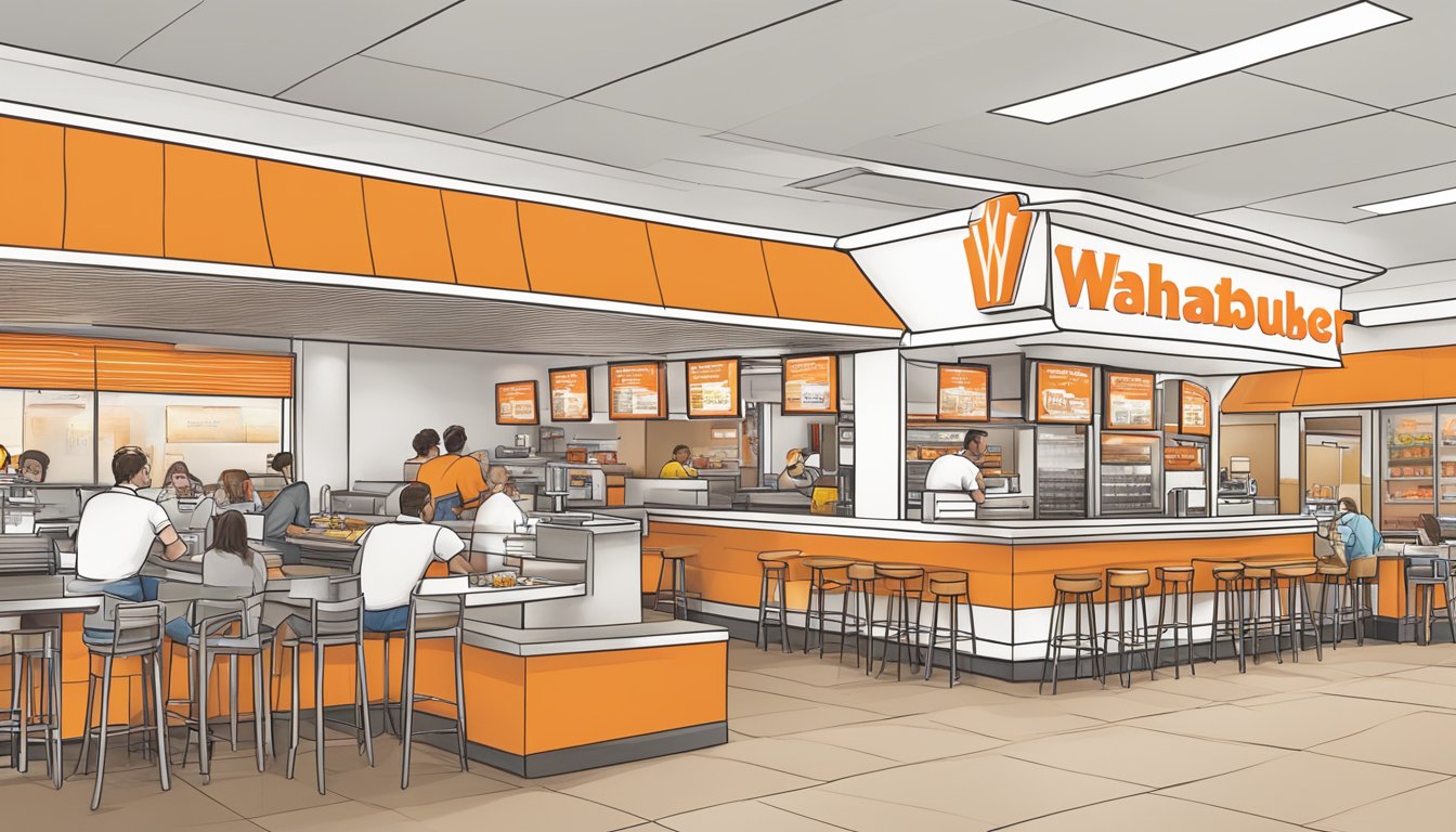 A bustling Whataburger restaurant in Kansas City, Missouri, featuring the iconic orange and white color scheme and a menu board displaying their signature menu highlights