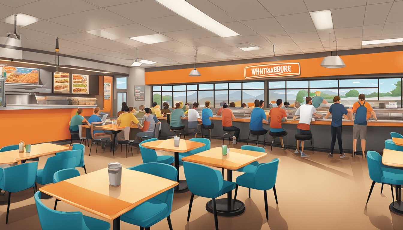 A bustling Whataburger restaurant in Colorado Springs, with a colorful menu board and customers enjoying their meals