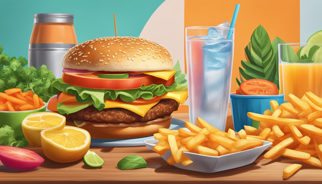 A juicy Whataburger with a side of crispy fries, surrounded by colorful vegetables and fruits, with a glass of water on the side