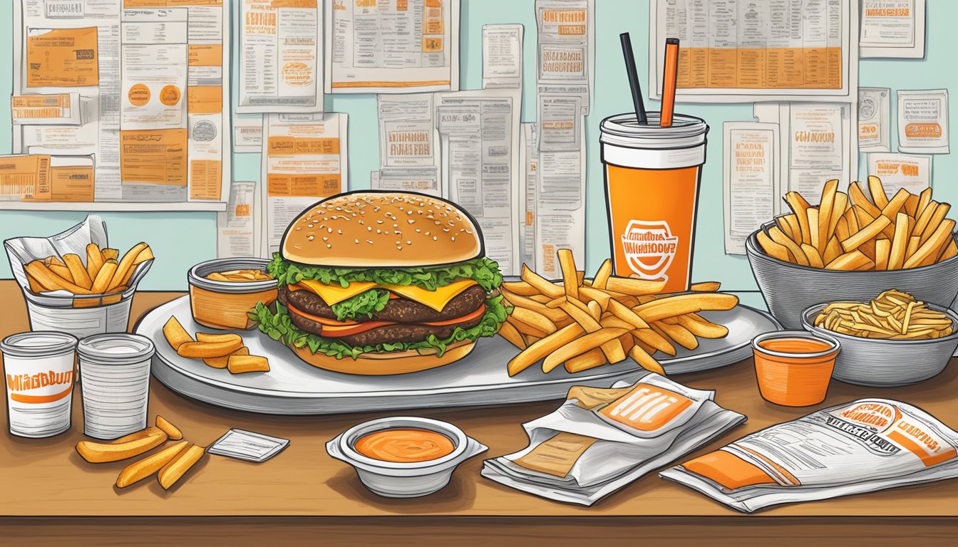 A table with a Whataburger and fries, surrounded by dietary labels and markers