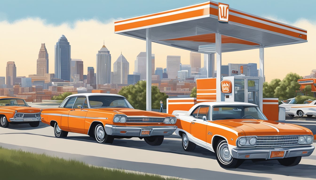 The iconic orange-and-white striped roof of a Whataburger restaurant stands out against the Kansas City skyline, with cars lined up at the drive-thru window