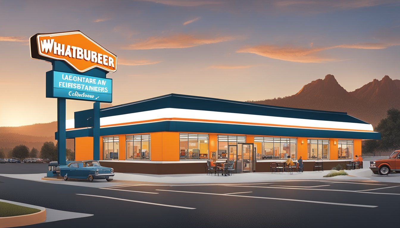 A Whataburger restaurant in Colorado Springs during operating hours, with cars in the drive-thru and customers dining inside