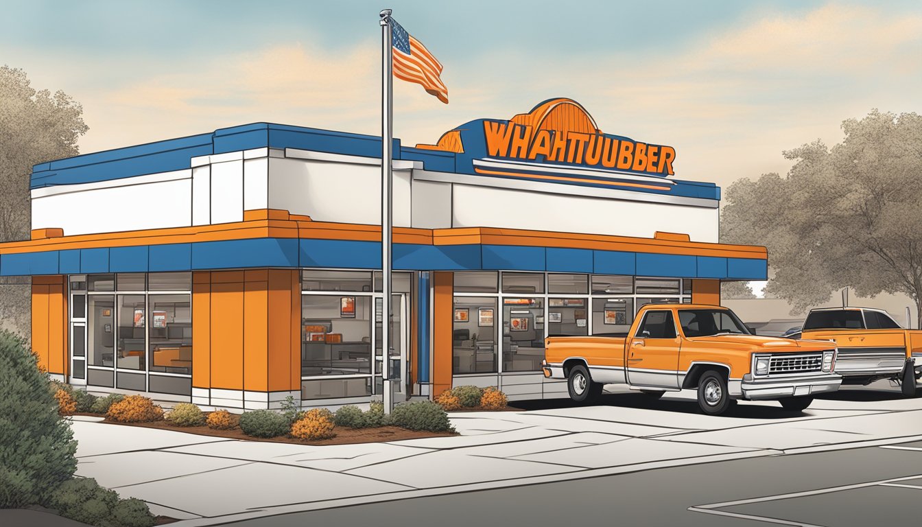 A bustling Whataburger restaurant in Kansas City, Missouri, with a drive-thru line, outdoor seating, and a welcoming sign