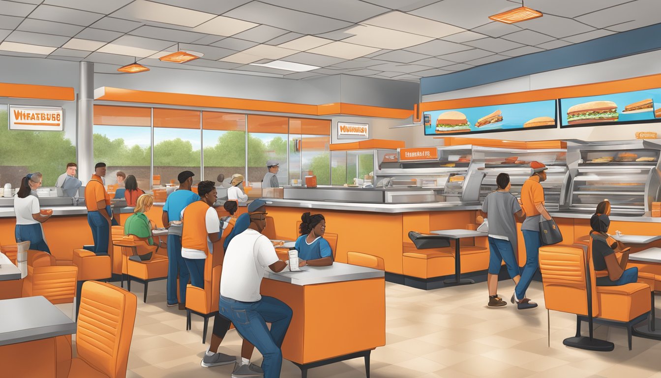 A bustling Whataburger in Colorado Springs, with customers enjoying their meals and staff members engaging with the community