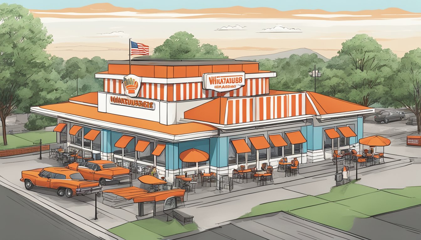 A bustling Whataburger in Kansas City, with a red-and-white striped building, drive-thru, and outdoor seating area