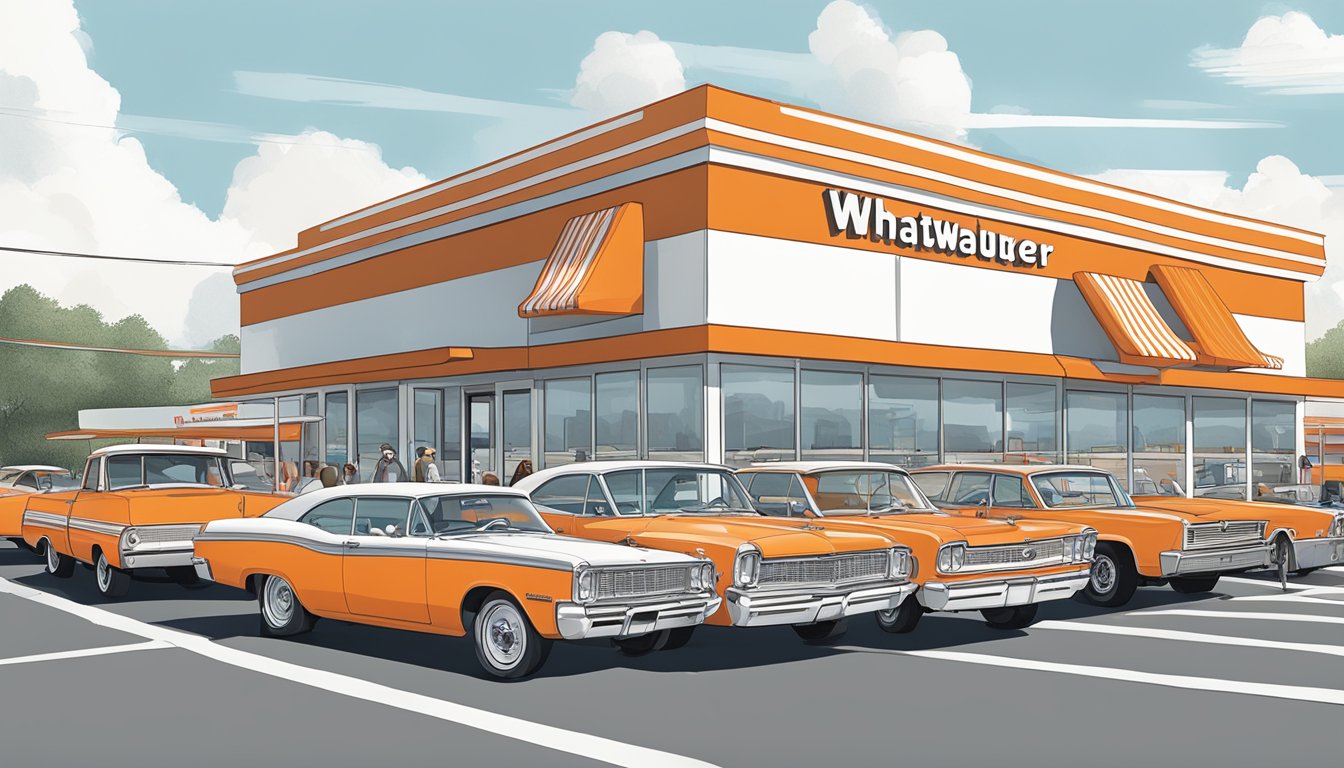 A bustling Whataburger restaurant in Atlanta, Georgia, with a classic orange and white exterior and a drive-thru line of cars