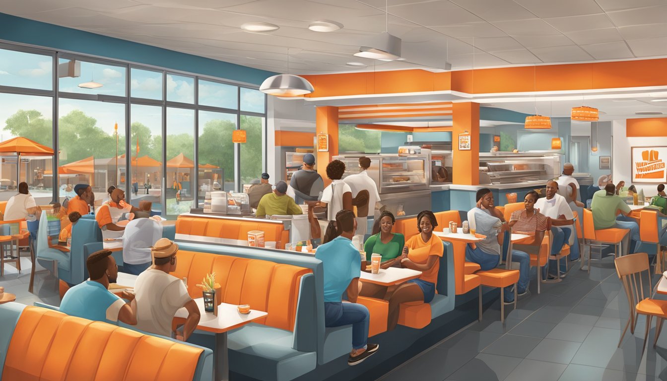 A bustling Whataburger restaurant in Atlanta with customers enjoying their meals and friendly staff providing excellent service