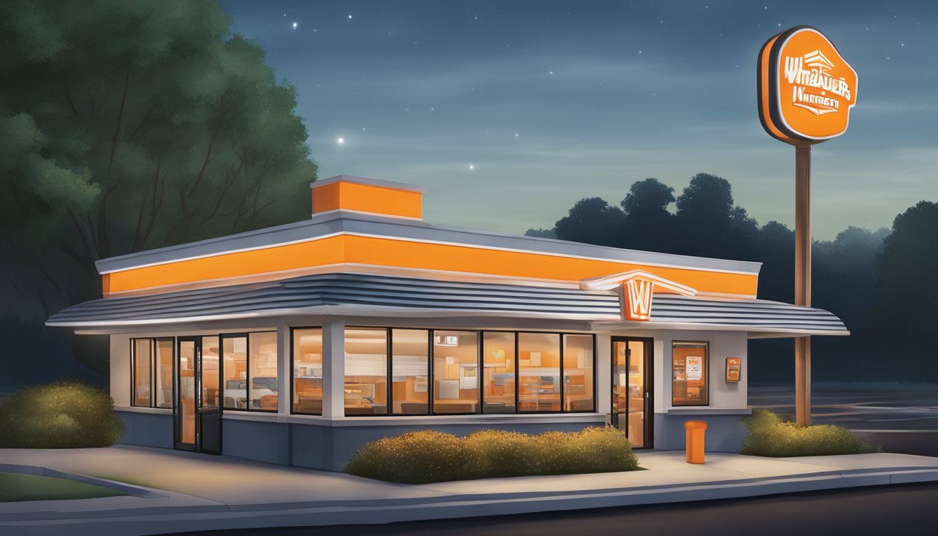 A Whataburger restaurant with the lights on and the drive-thru window open, indicating that it is still operating during regular hours