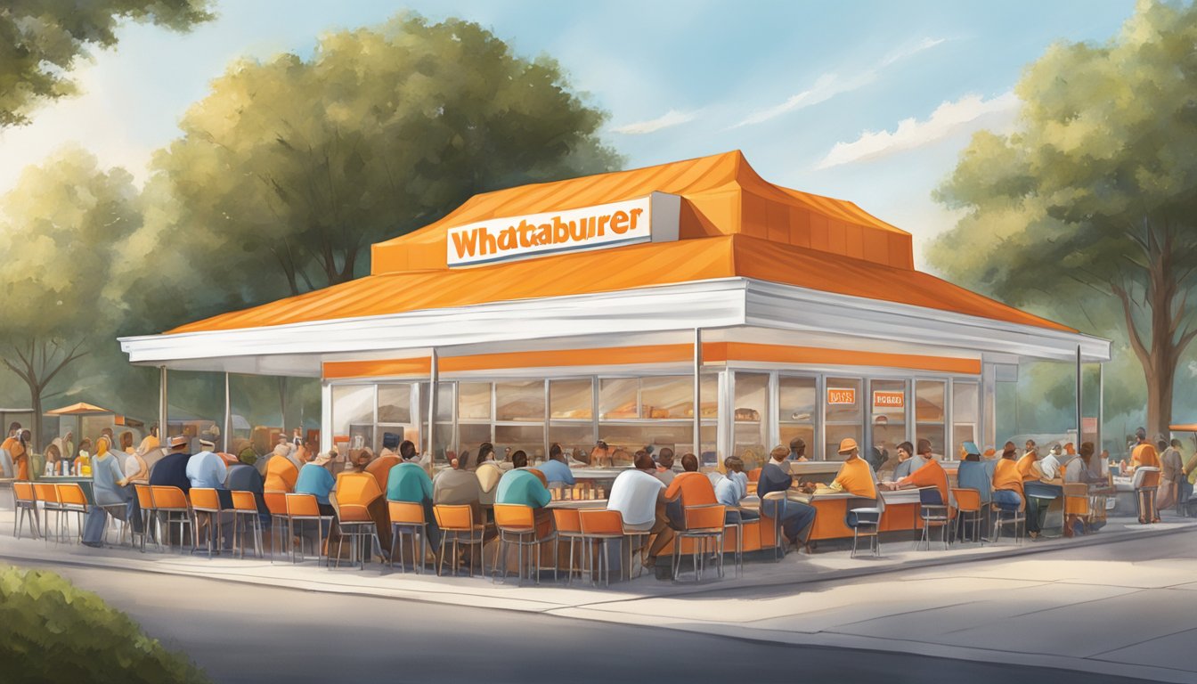 A bustling Whataburger in Atlanta with a line of customers, outdoor seating, and a promotional event tent