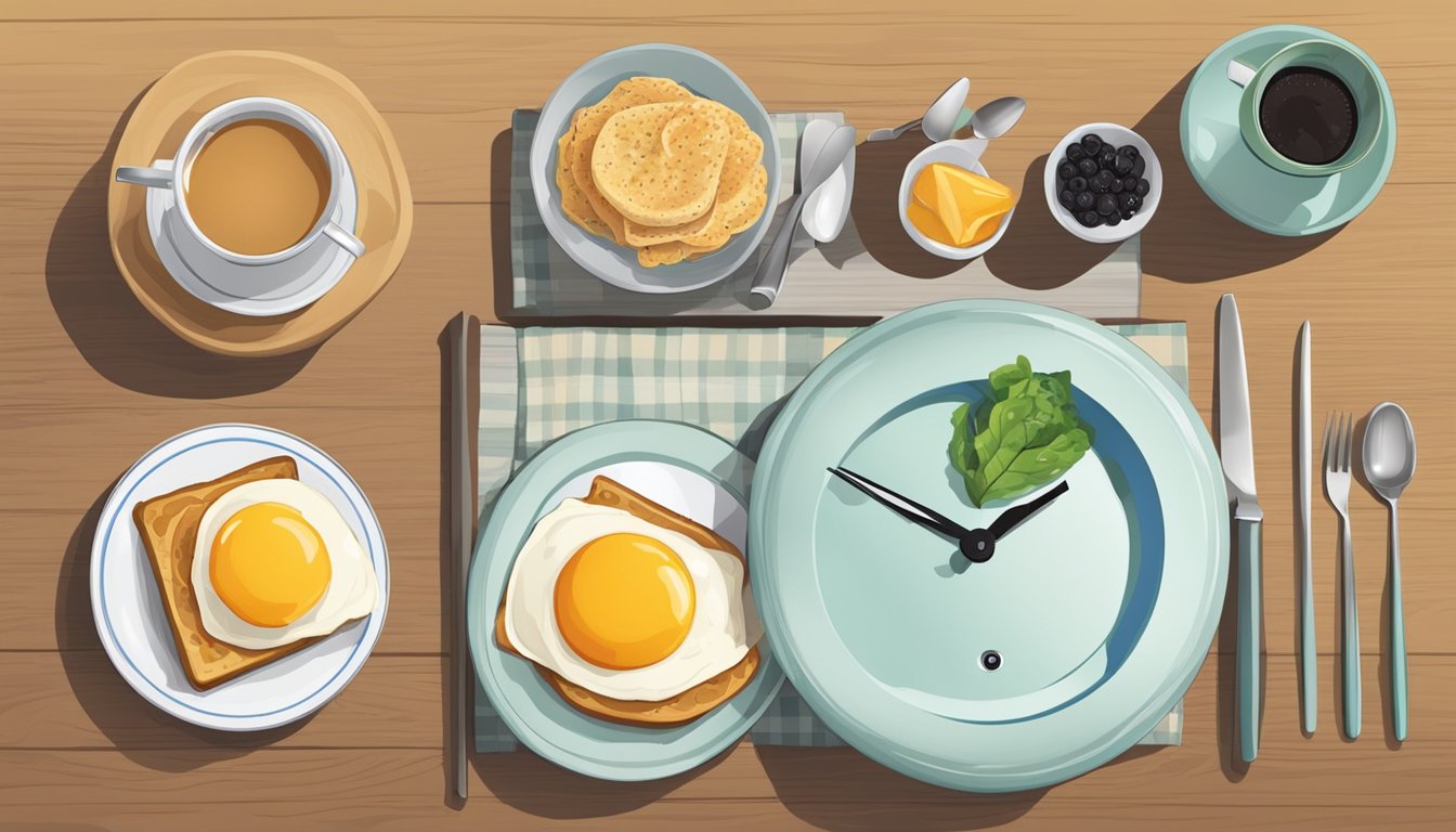 A clock showing 10:30 am with a breakfast meal on a table