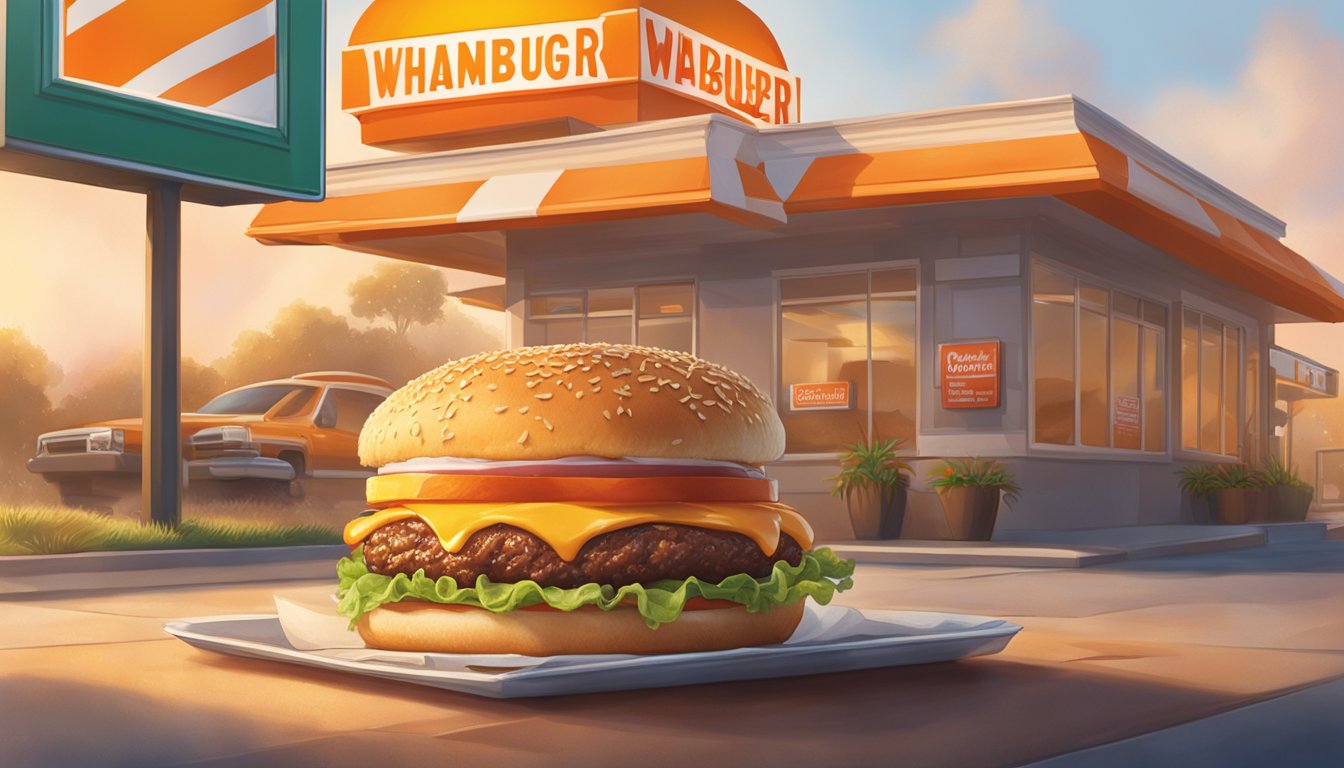 A steaming breakfast burger sits next to a "Pricing and Promotions" sign at Whataburger, with a warm glow from the morning sun