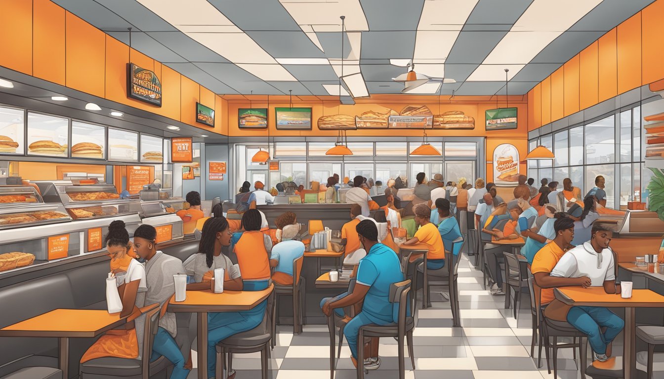 A bustling Whataburger restaurant in Atlanta, with a vibrant atmosphere and a line of customers eagerly waiting to place their orders