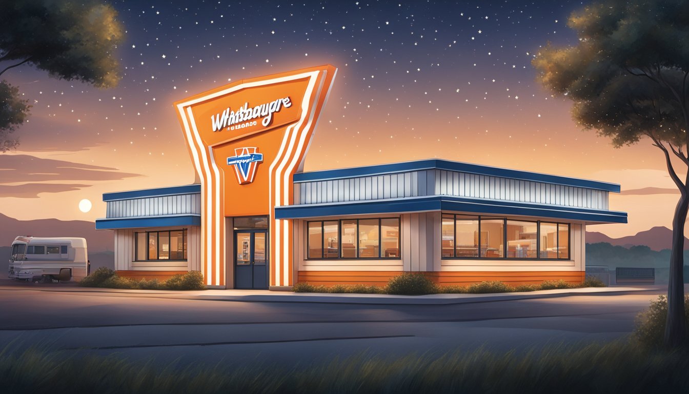 The iconic orange and white striped building of Whataburger sits under a starry night sky, with a glowing sign indicating the closing hours