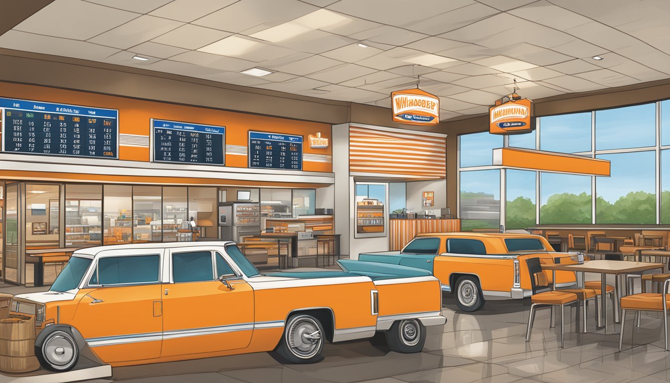 The WhatABurger restaurant in Atlanta is depicted with a clock showing operational hours and a calendar indicating holiday schedules