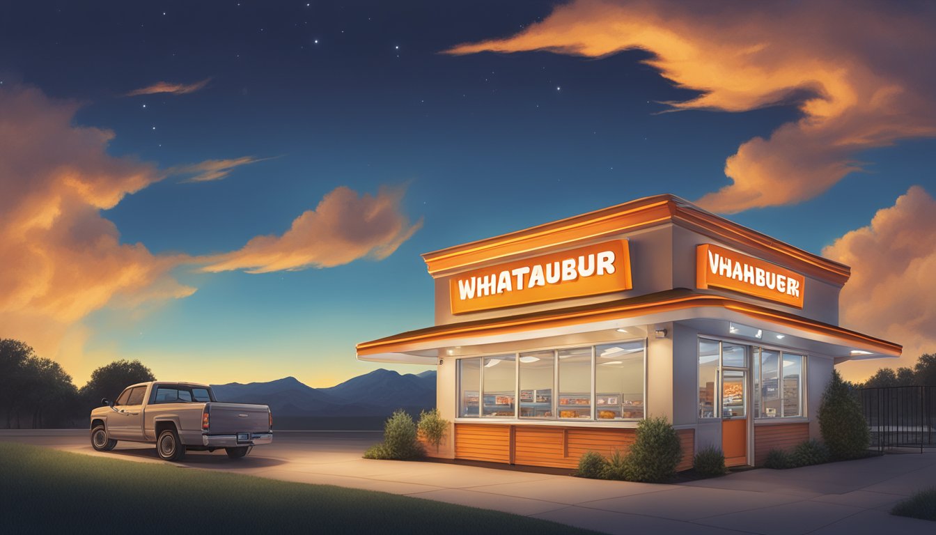 A brightly lit Whataburger menu board with various food offerings, displayed against a darkening evening sky