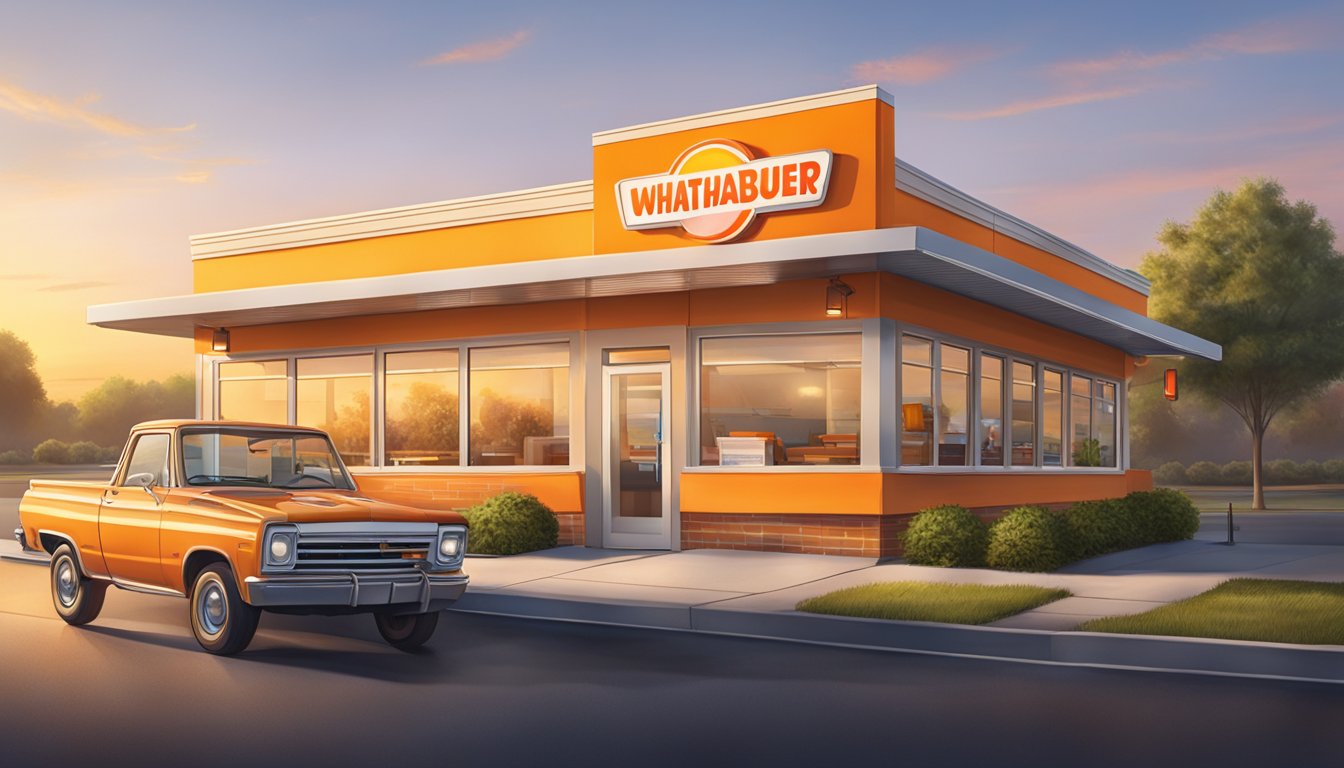 The morning sun rises over a Whataburger restaurant, with a breakfast burger being served to a customer at the drive-thru window