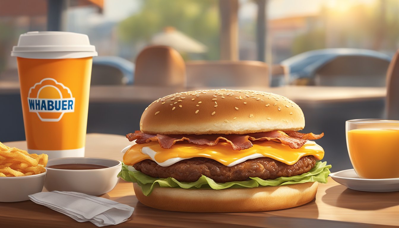 A sunny morning at Whataburger: A sizzling breakfast burger with a perfectly cooked egg, crispy bacon, and melted cheese, served with a side of golden hash browns and a steaming cup of coffee