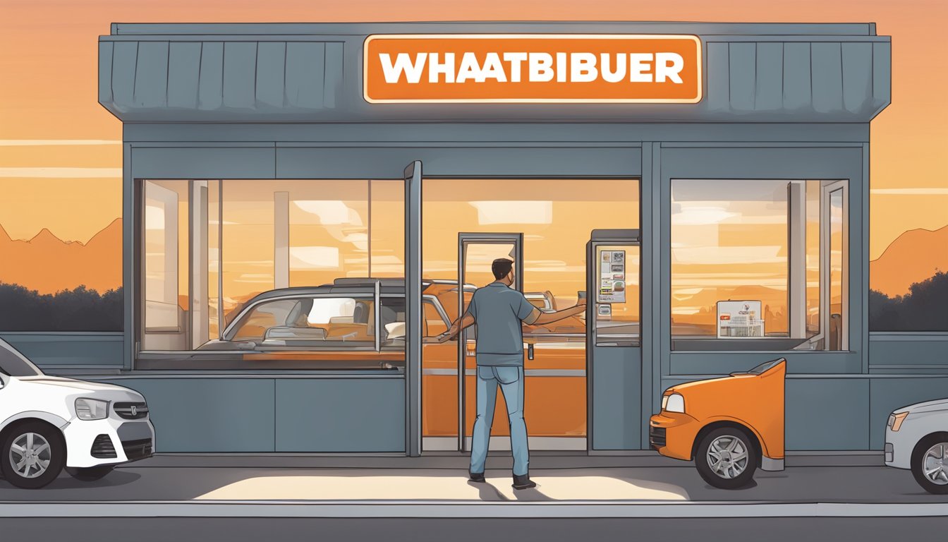 A customer standing at a WhatABurger drive-thru window, asking a staff member about the closing time. The staff member is seen responding from inside the restaurant