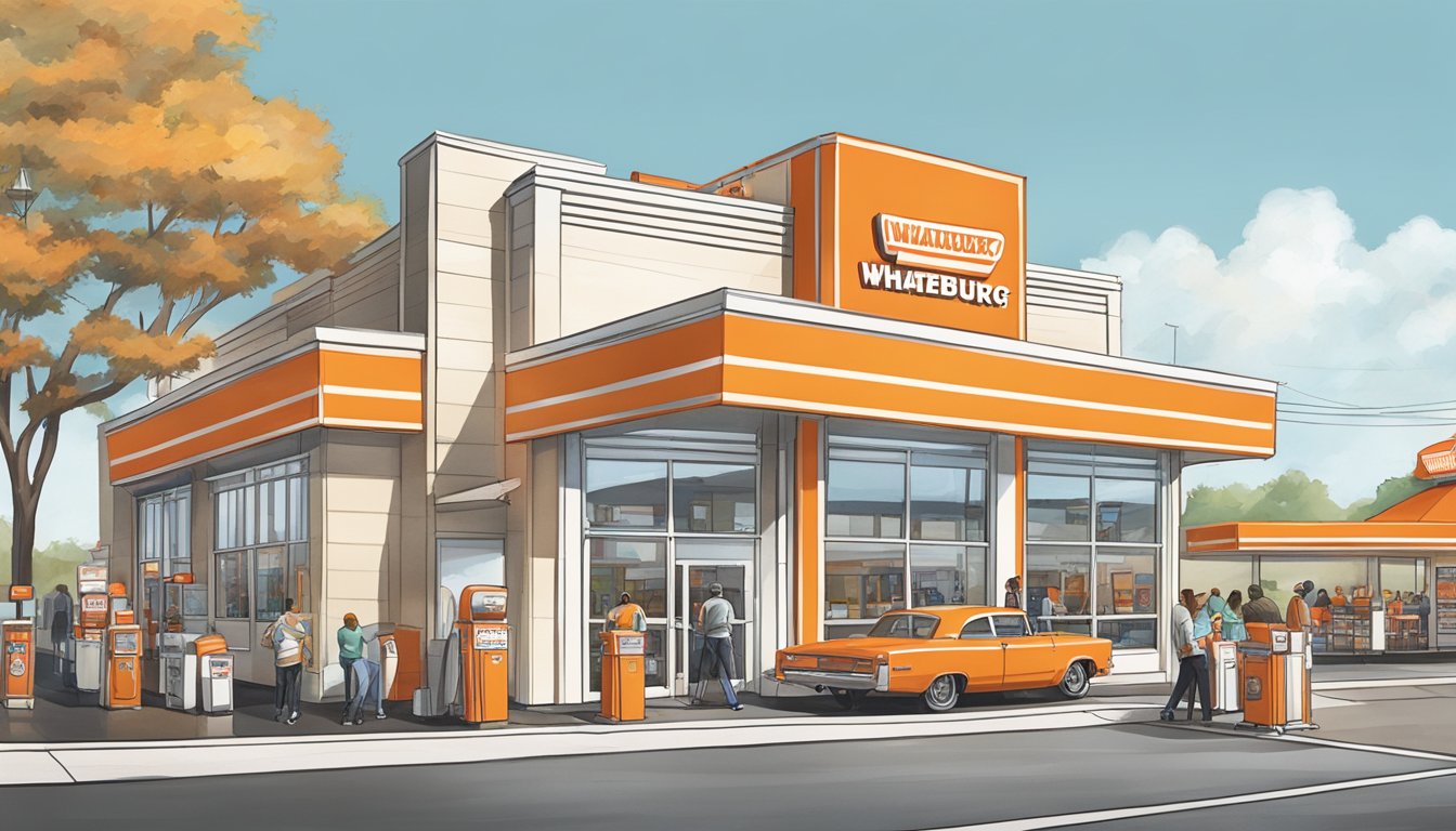 A bustling Whataburger restaurant in Charlotte, NC, with the iconic orange and white striped building, drive-thru lane, and a line of customers inside