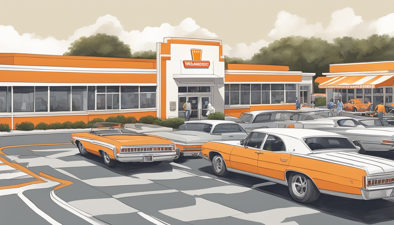 A bustling Whataburger restaurant in South Carolina, with a classic orange and white striped exterior, a drive-thru lane, and a large parking lot filled with cars