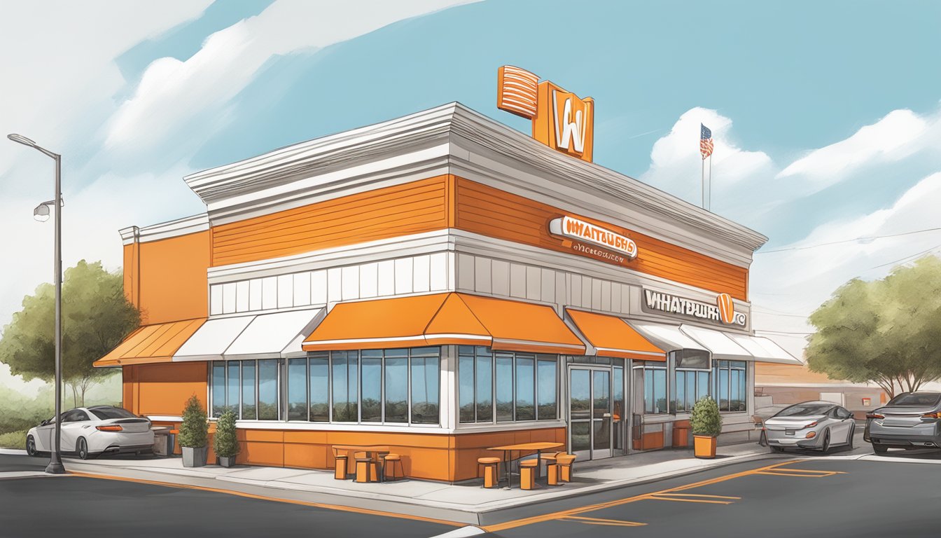 A bustling Whataburger location in Charlotte, NC with a drive-thru, outdoor seating, and the iconic orange and white striped building