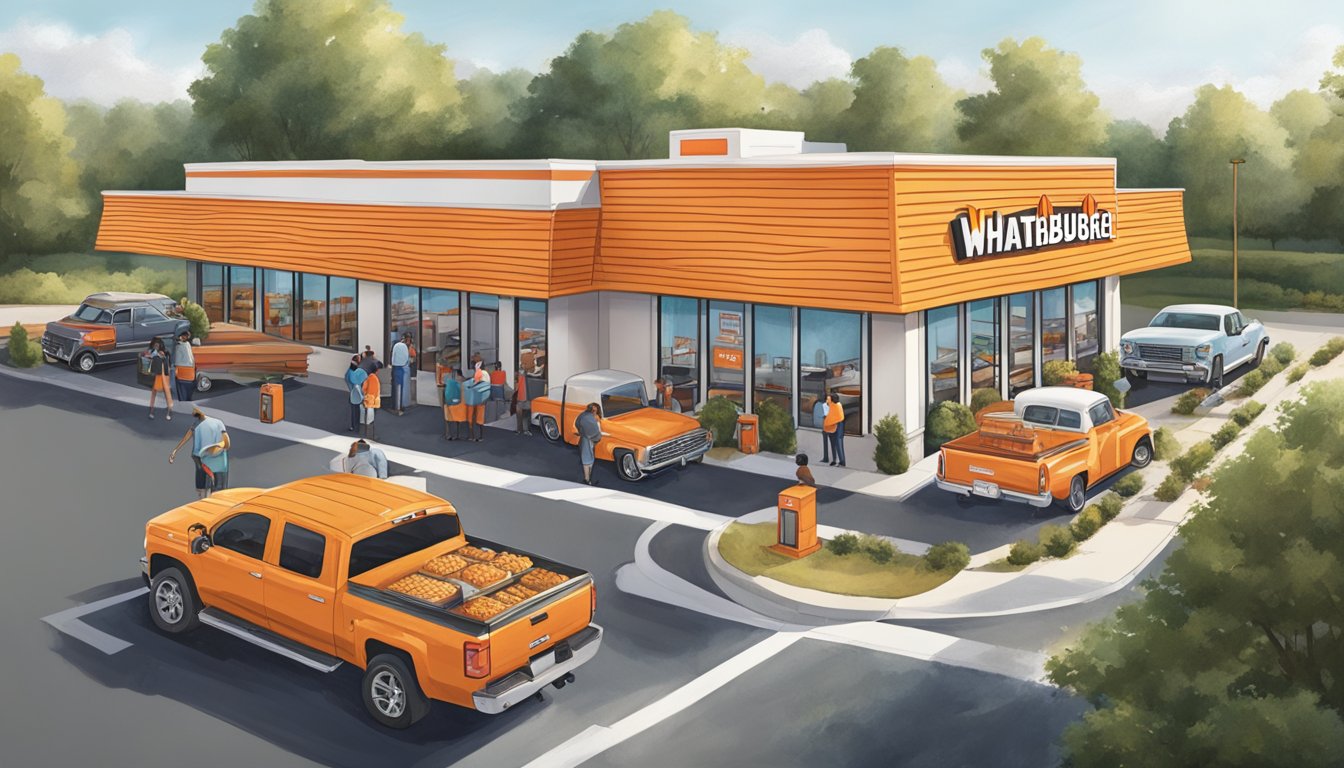 A bustling Whataburger in South Carolina, with a drive-thru line and outdoor seating, surrounded by a diverse array of customers and staff