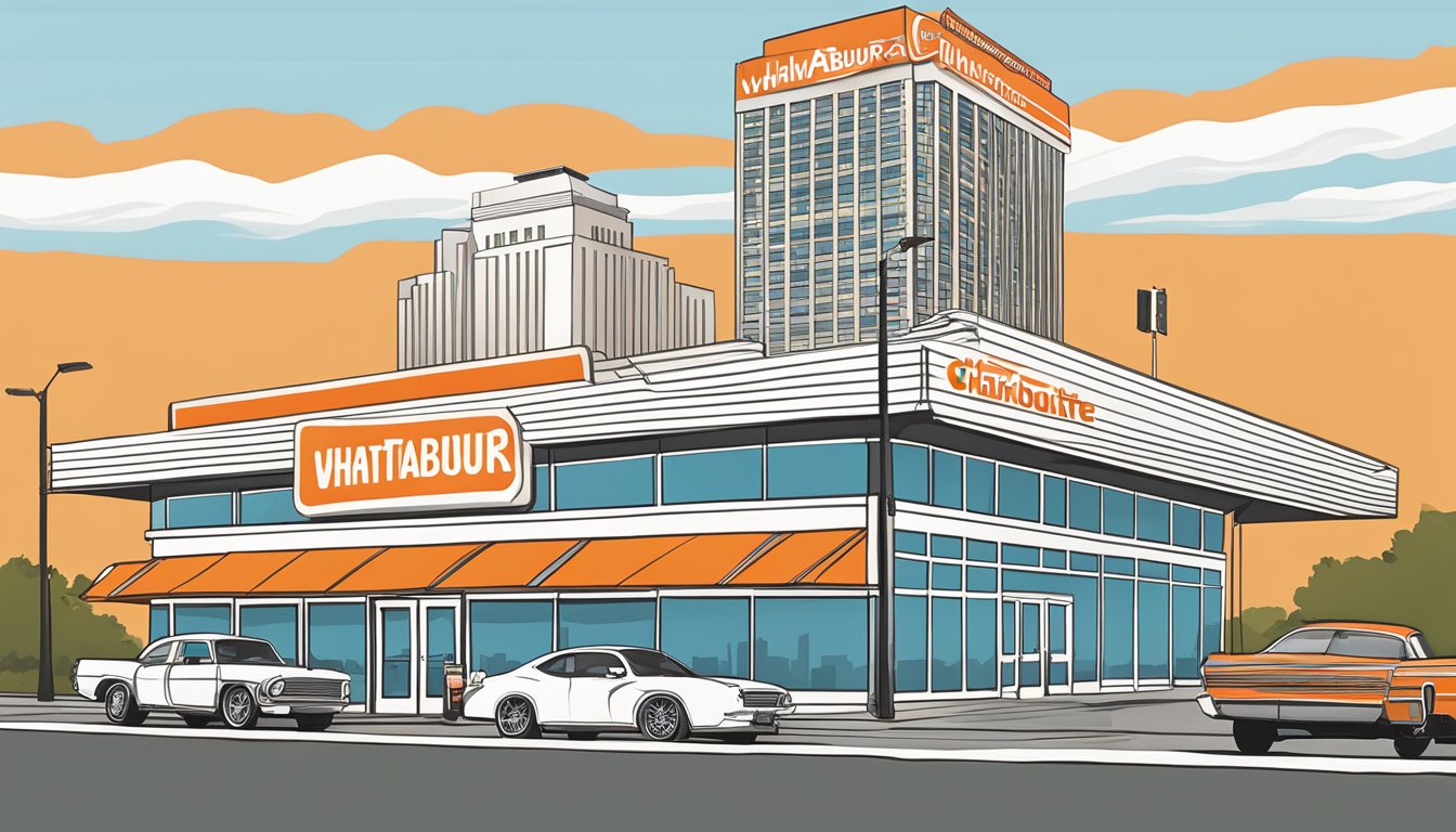 The iconic orange and white striped Whataburger building stands out against the Charlotte skyline, with a line of cars wrapping around the drive-thru