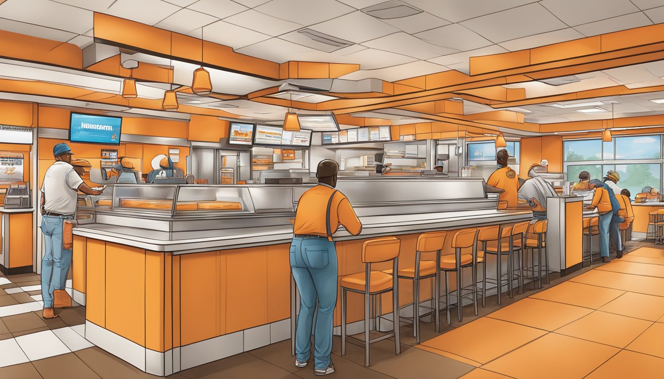 A bustling Whataburger restaurant in Charlotte, NC, with employees working together in a friendly and welcoming environment