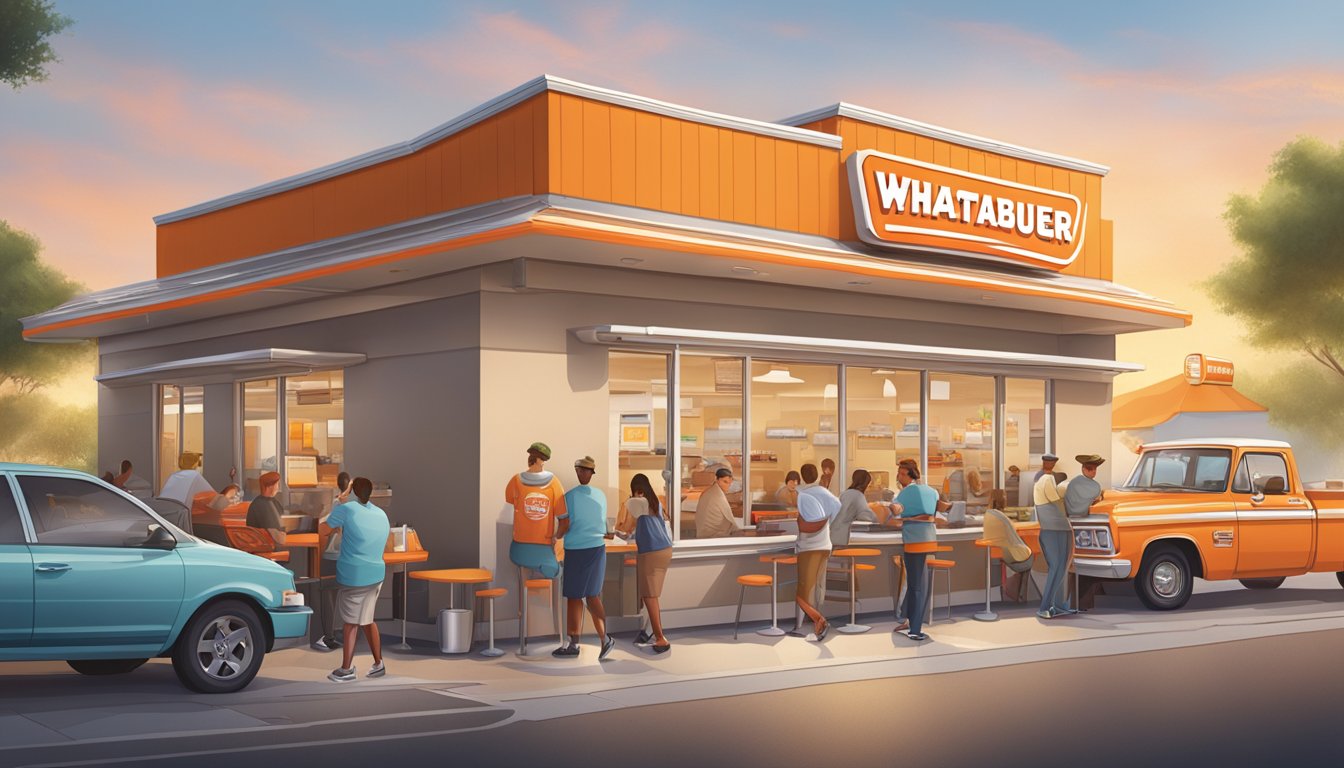 A bustling Whataburger restaurant in South Carolina, with customers enjoying their meals and staff members assisting with orders