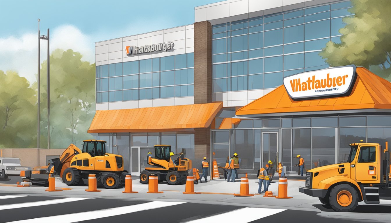 A construction site with heavy machinery and workers building a Whataburger restaurant in Charlotte, NC