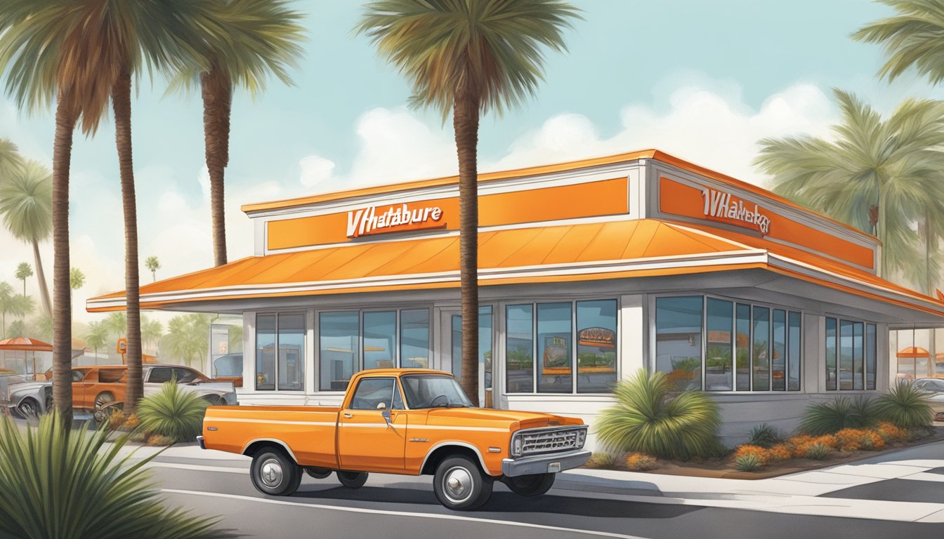 A busy Whataburger with a drive-thru and outdoor seating, surrounded by palm trees and located near a bustling street in South Carolina