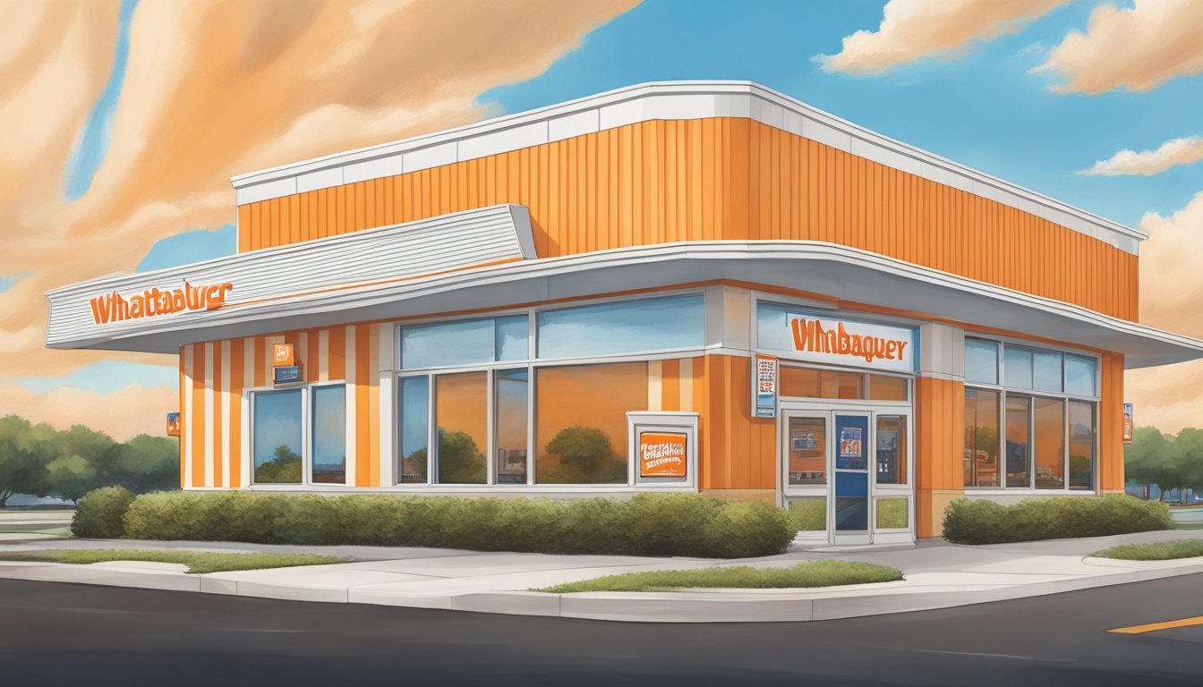 The Whataburger in Charlotte, NC, with its iconic orange and white striped exterior, sits under a bright blue sky with fluffy white clouds