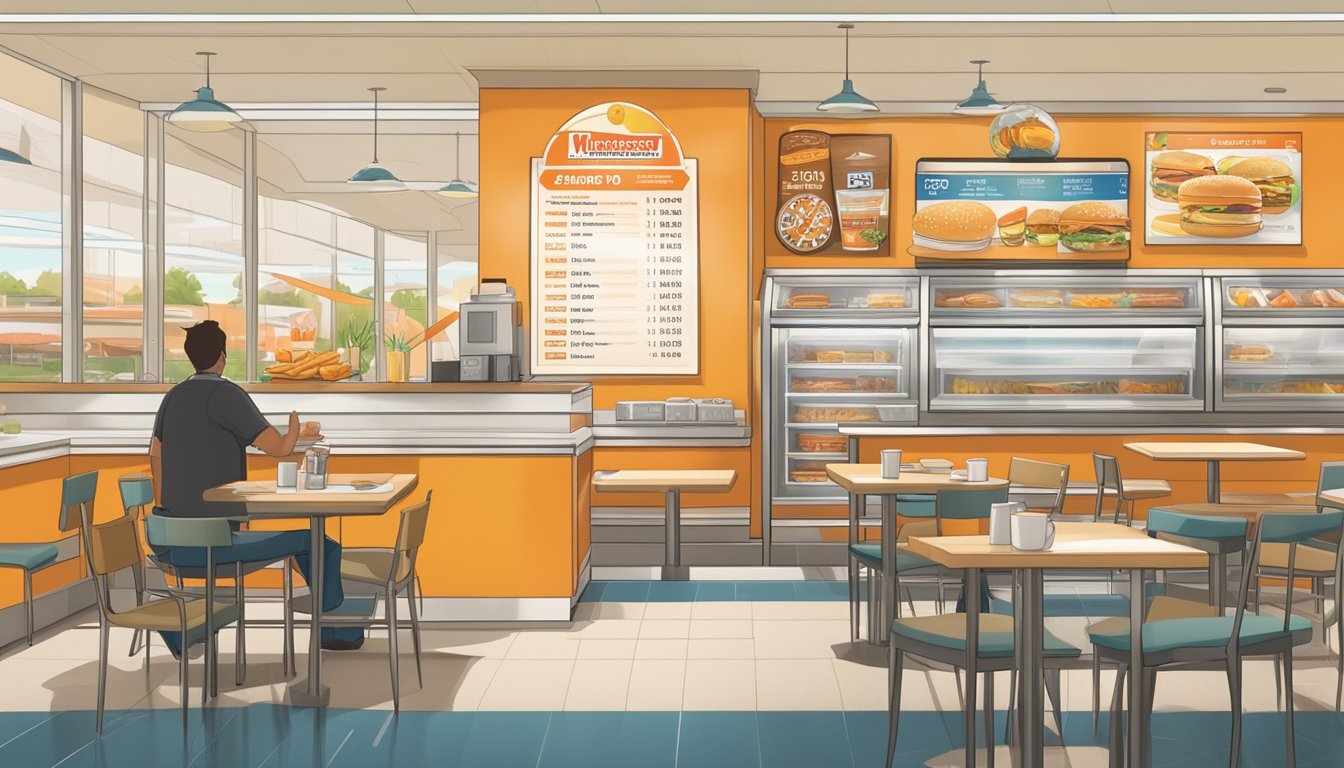 A clock showing 10:30 am with breakfast items being replaced by lunch items on the menu board at Whataburger