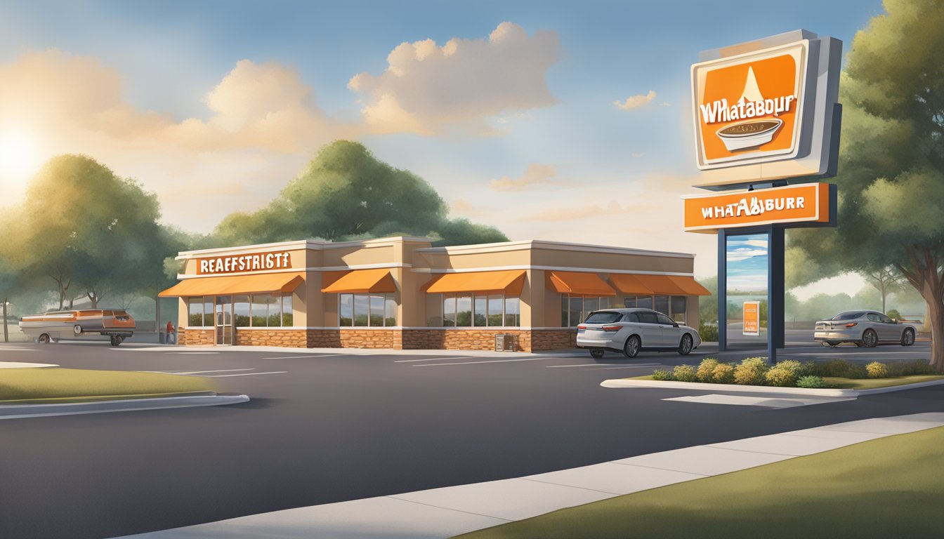 A WhatABurger restaurant with a sign displaying breakfast hours, located near a busy intersection with accessible parking and a drive-thru