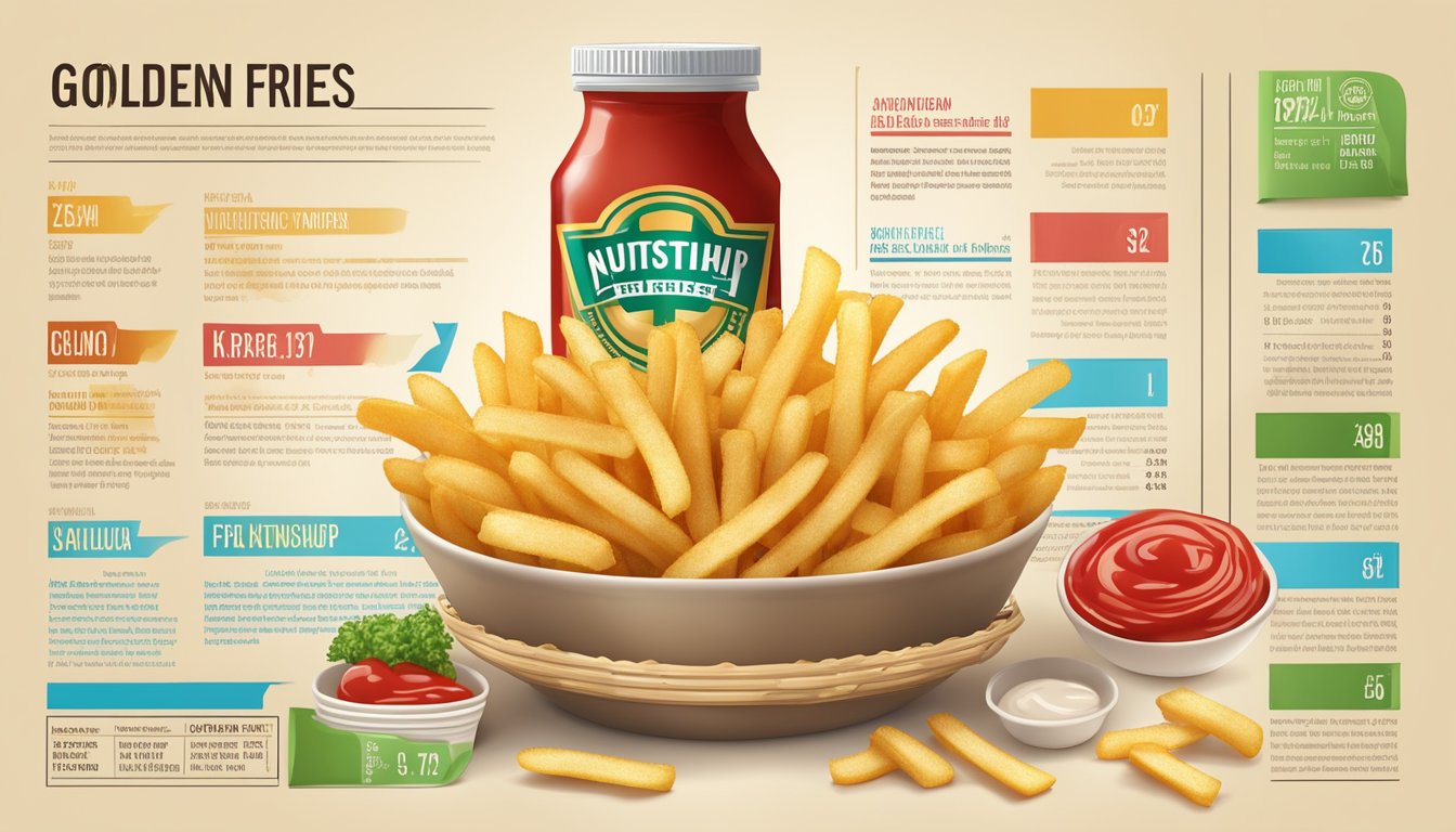 Golden fries arranged around a nutritional label, with a ketchup dip on the side