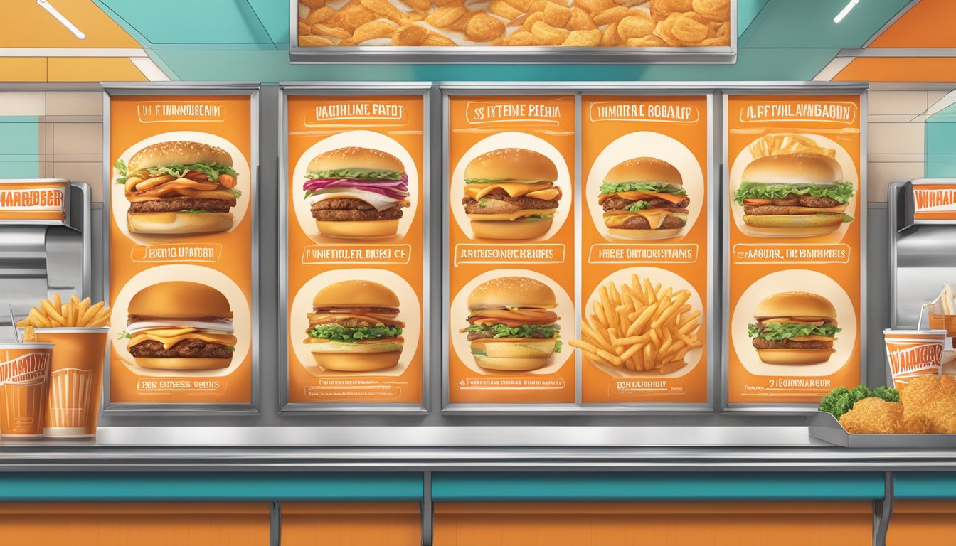 A colorful menu board displaying various food offerings at Whataburger