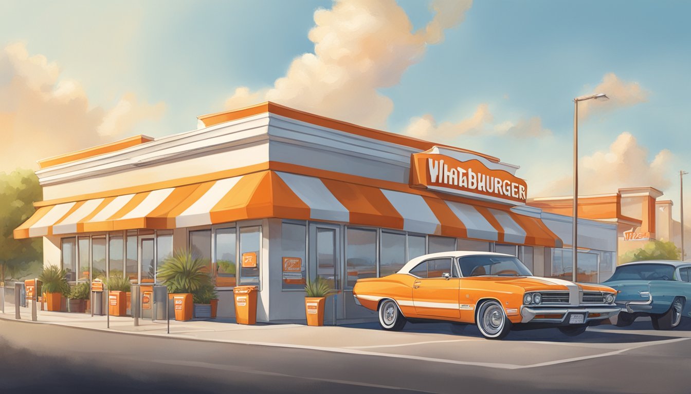 A sunny morning at Whataburger, with the iconic orange and white building in the background, and a line of cars at the drive-thru window