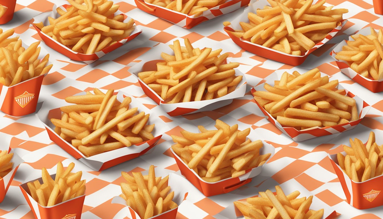 A pile of Whataburger fries in various sizes and shapes, arranged on a red and white checkered paper-lined tray