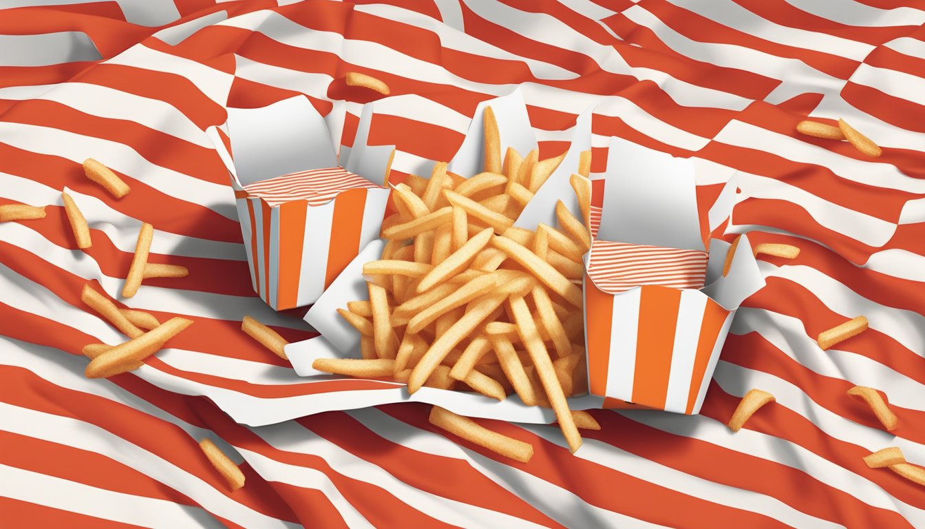 A pile of Whataburger fries spilling out of a red and white striped paper carton onto a checkered tablecloth