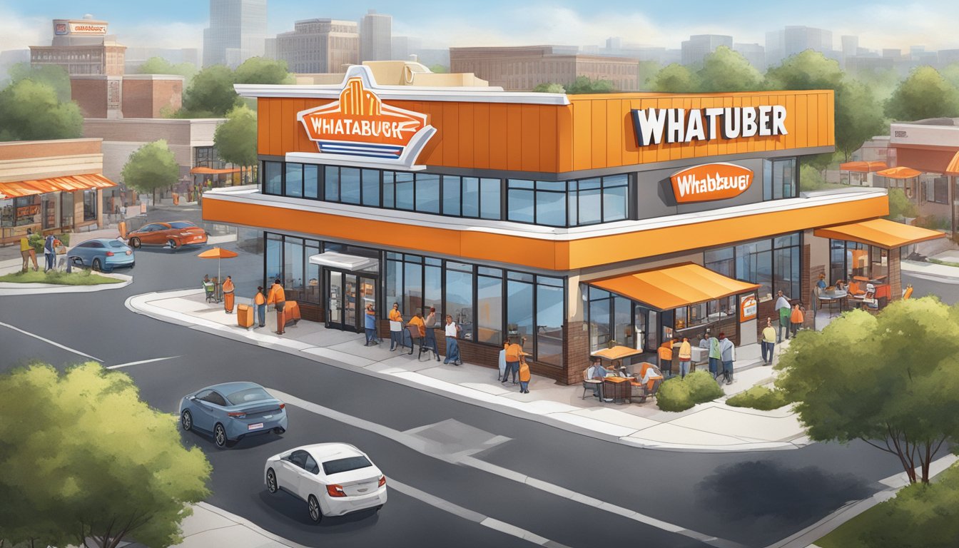 A bustling WhatABurger restaurant surrounded by new developments and busy streets