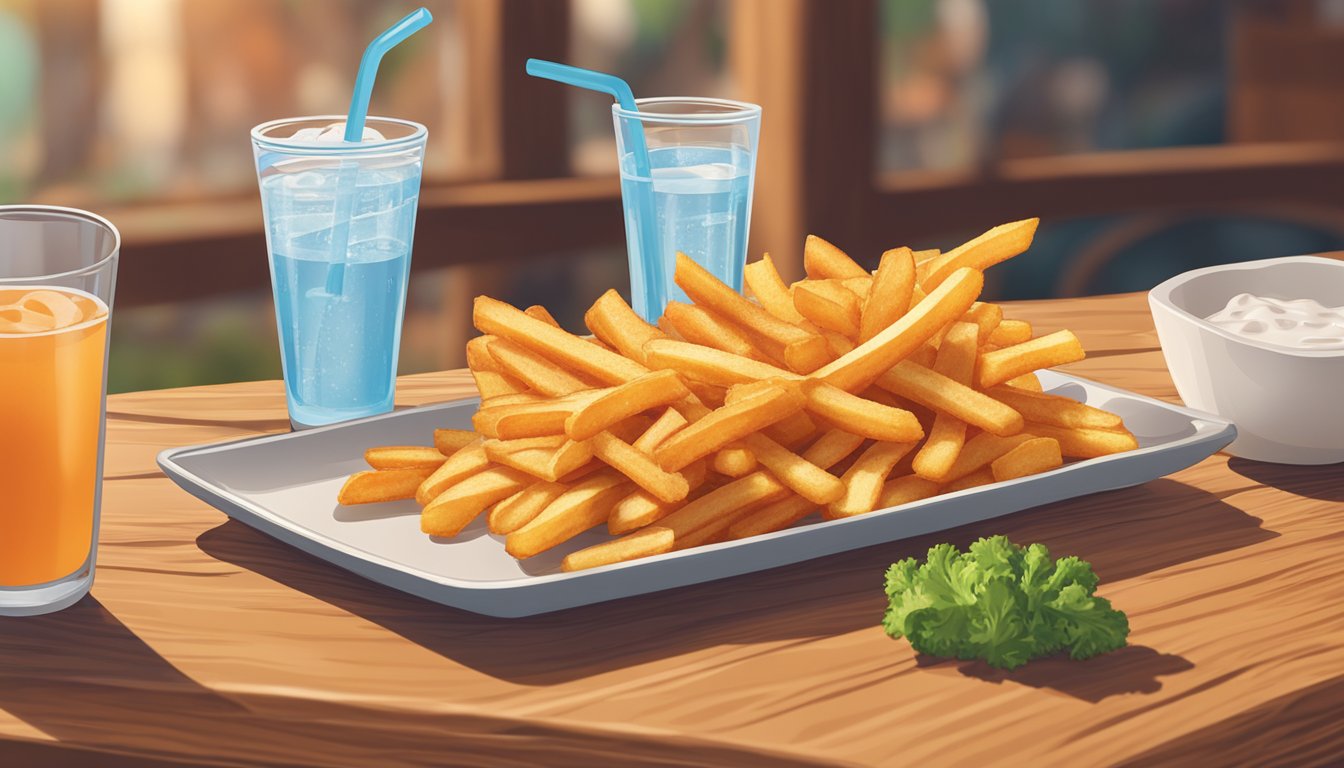 A person enjoying a plate of Whataburger fries with a side of fresh vegetables and a glass of water on a wooden table