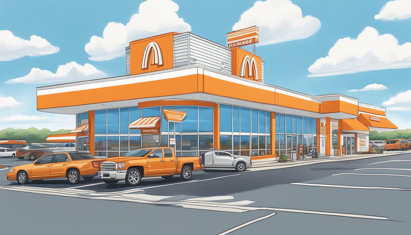 The iconic orange and white striped Whataburger building against a blue sky with a drive-thru lane and a bustling parking lot