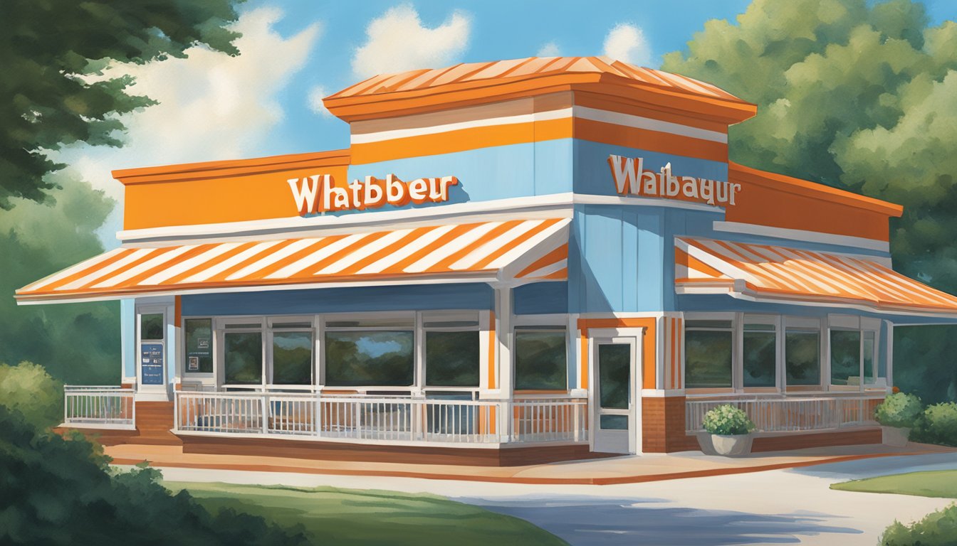 The iconic Whataburger restaurant in Athens, GA, with its distinctive orange and white striped roof, stands proudly against a blue sky, surrounded by lush green trees