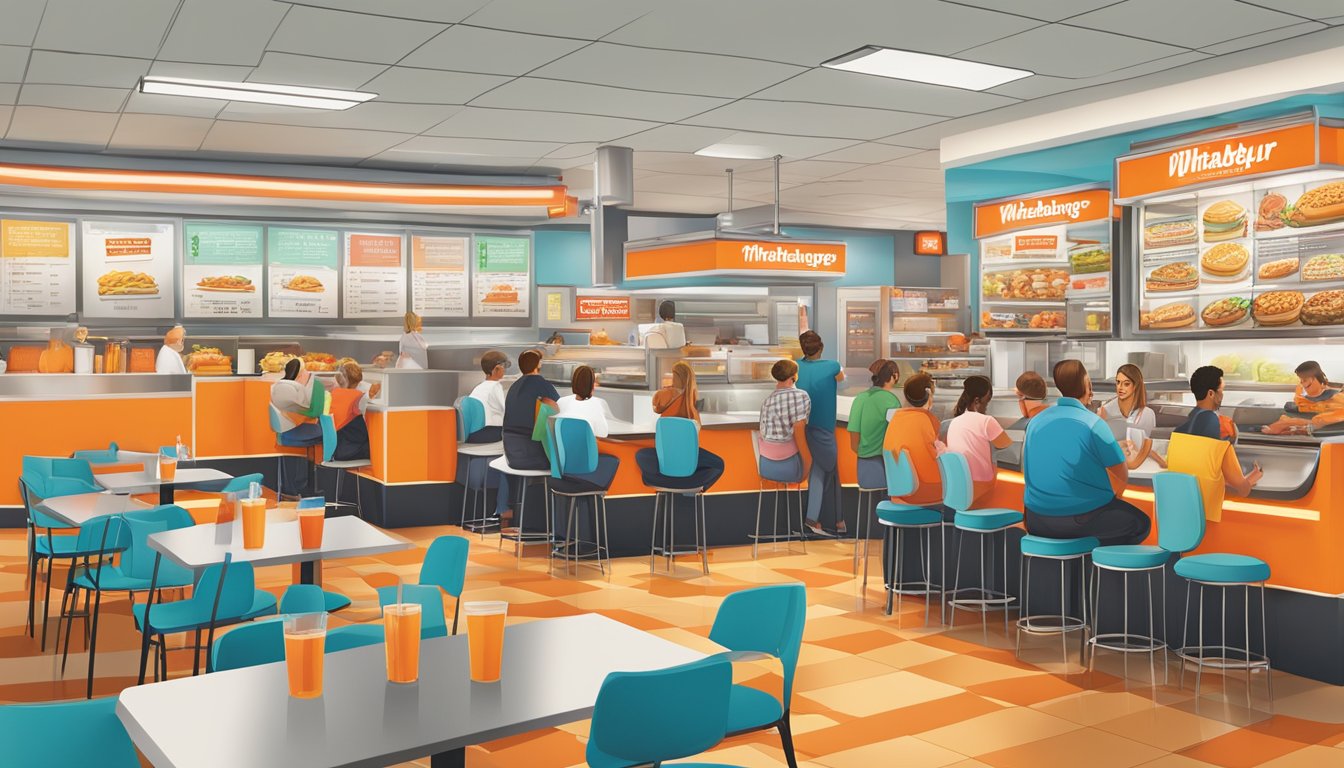 A bustling Whataburger restaurant in Athens, GA, with a colorful menu board and a line of customers ordering their favorite menu highlights