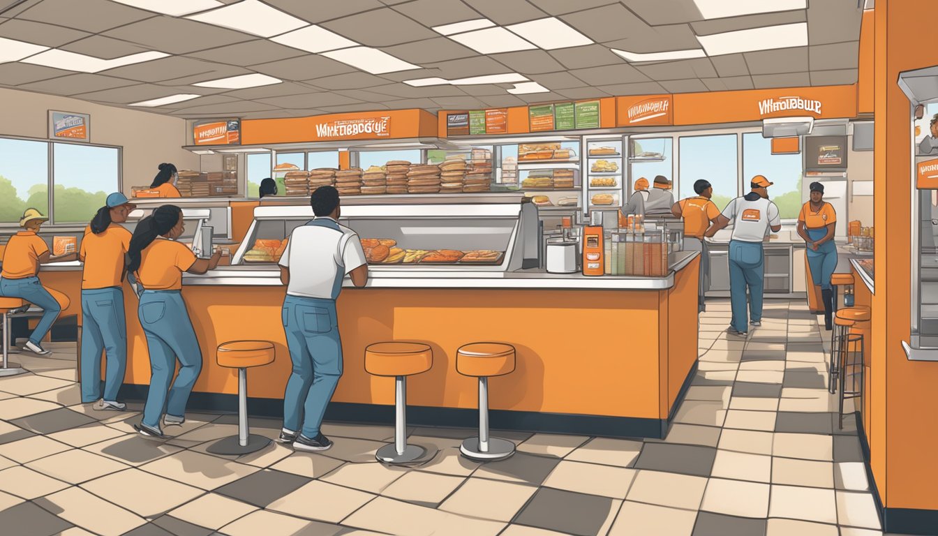 A bustling Whataburger restaurant in Athens, GA, with employees working behind the counter and customers enjoying their meals at the tables