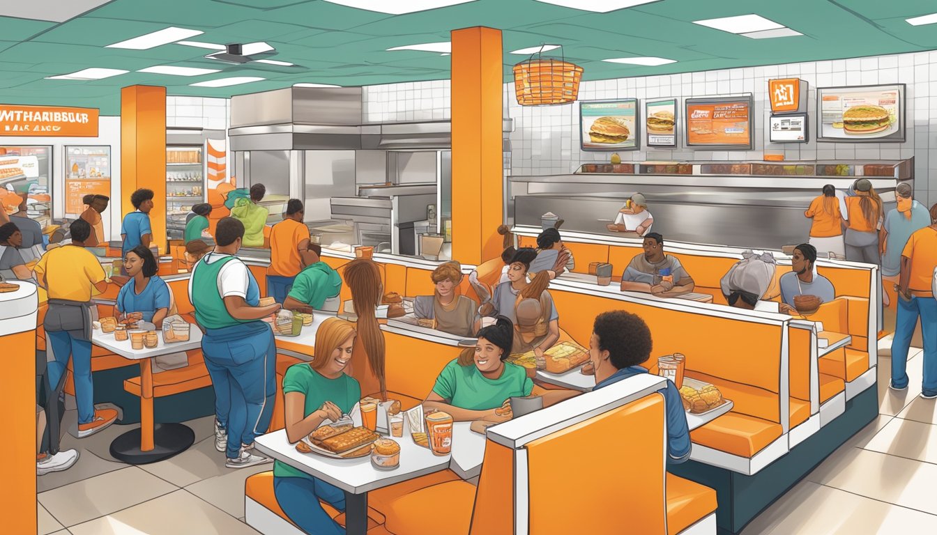 A bustling Whataburger restaurant in Austin, with customers ordering at the counter and enjoying their meals at colorful booths