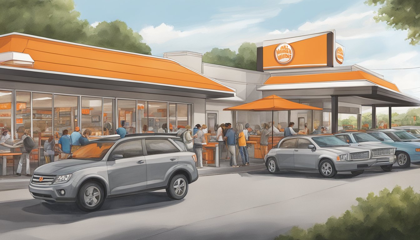 A bustling Whataburger in Athens, GA, with a drive-thru line and outdoor seating, surrounded by other fast-food restaurants