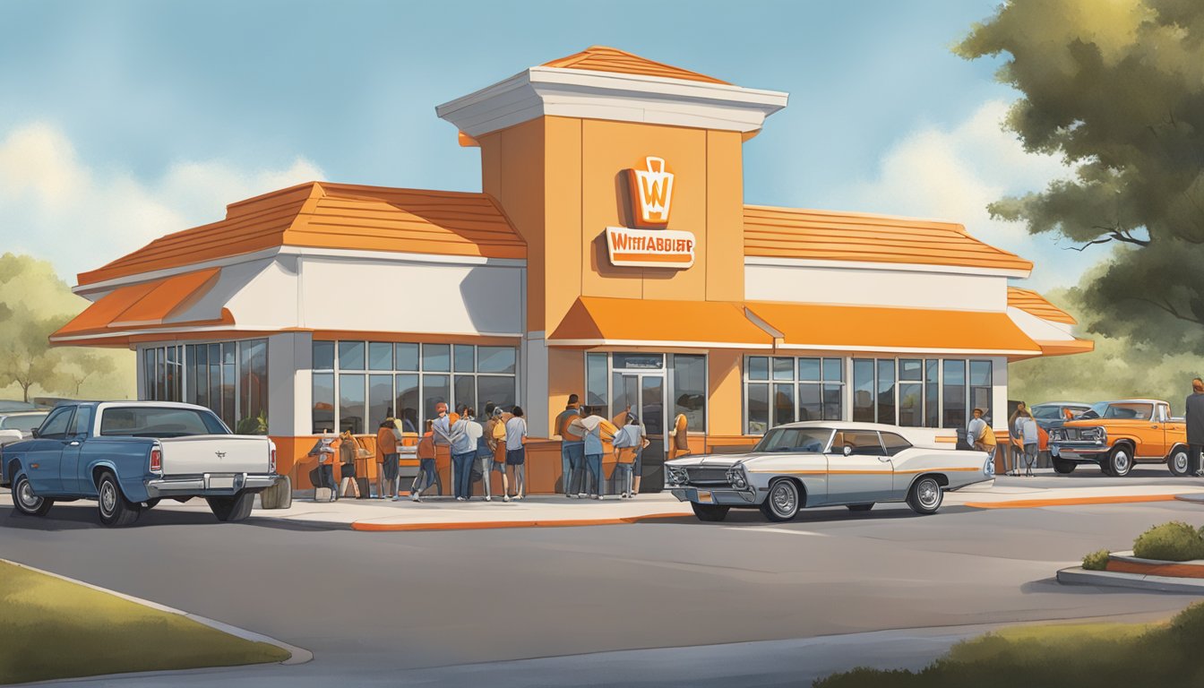 A bustling Whataburger restaurant in Austin, with cars lined up at the drive-thru and customers entering and exiting the building