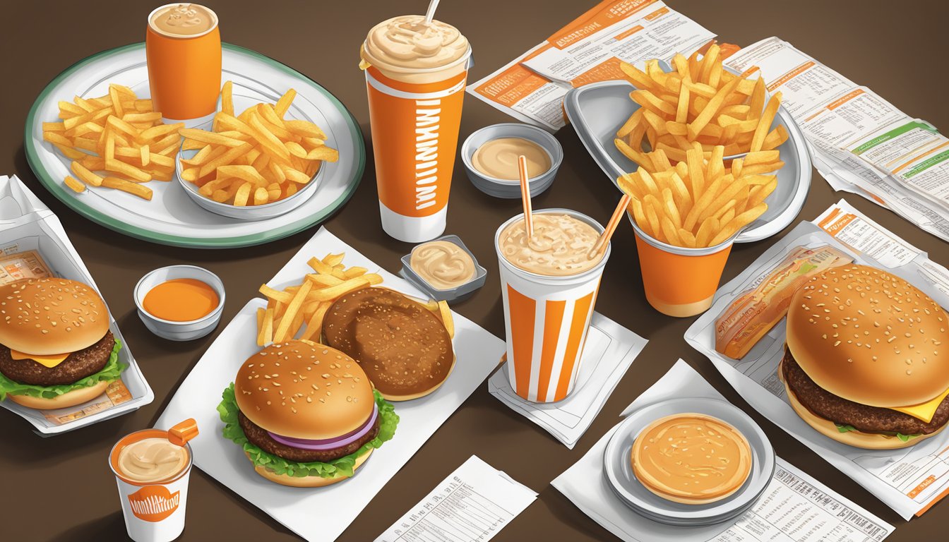 A table with a variety of Whataburger menu items, including burgers, fries, and drinks, alongside nutritional information charts and dietary guidelines