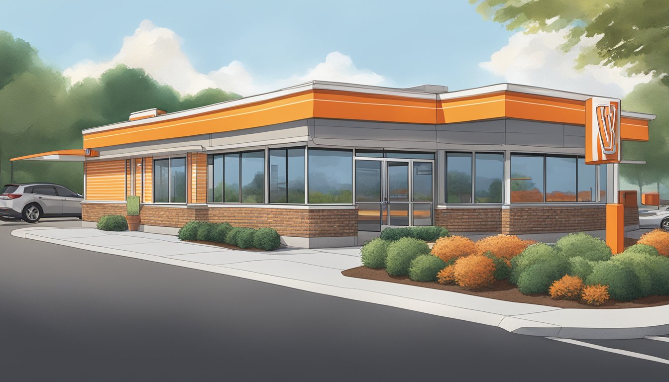 A bustling Whataburger restaurant in Athens, GA with modern architecture and a drive-thru, surrounded by a spacious parking lot and vibrant landscaping